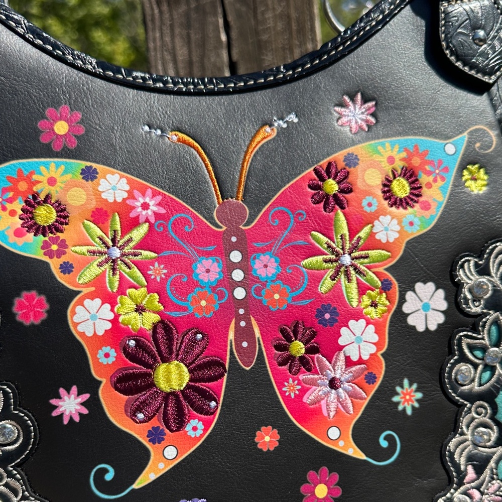 Floral Butterfly Embroidered Black Conceal Carry Handbag NWT. FLASH SALE! - Picture 9 of 13